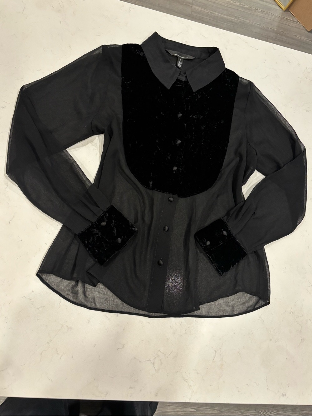 White House Black Market - Sheer & Velvet Tux Button Down Blouse